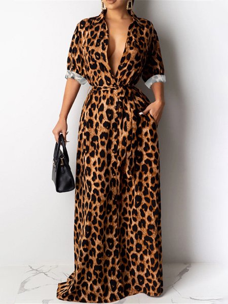 

Urban Pocket Stitching Leopard Dress With Belt, Brown, Maxi Dresses