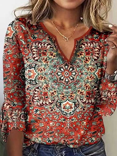 

Casual Loose Ethnic V Neck T-Shirt, Red, T-Shirts
