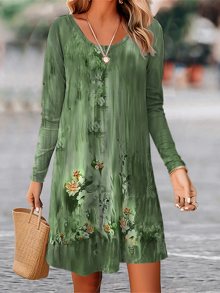 

Crew Neck Casual Floral Dress, Green, Dresses