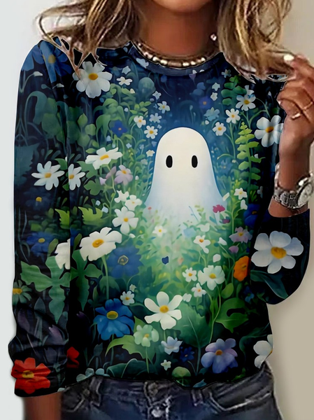

Women's Ghost Flower Art Print Casual Shirt, As picture, Long sleeves