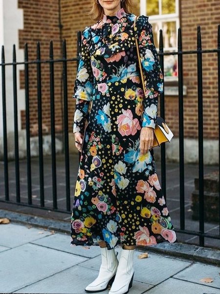 

Urban Floral Half Turtleneck Loose Dress, Black, Maxi Dresses