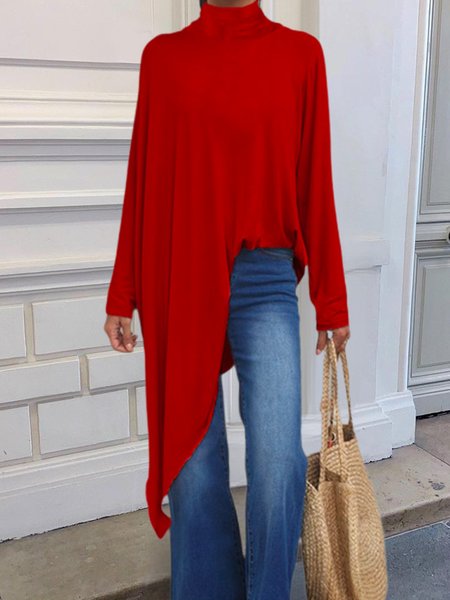 

Urban Turtleneck Plain Long Sleeve Loose Shirt, Red, Blouses and Shirts