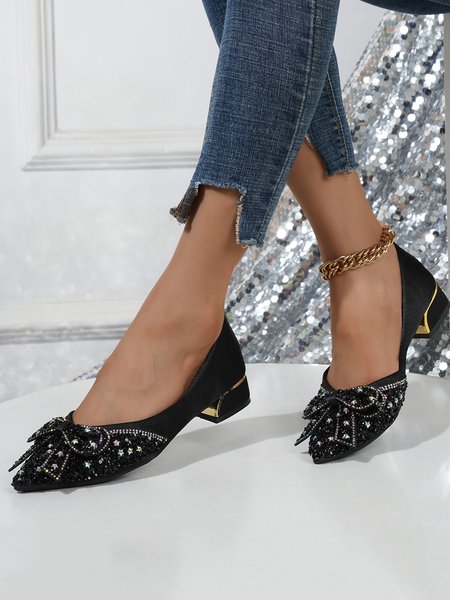 

Elegant Rhinestone Bow Satin Party Shallow Shoes, Black, Flats