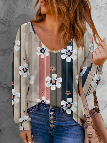 

Casual Floral Crew Neck Loose T-Shirt, Pink, T-Shirts