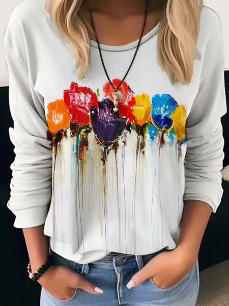 

Floral Casual Loose T-Shirt, White, T-Shirts