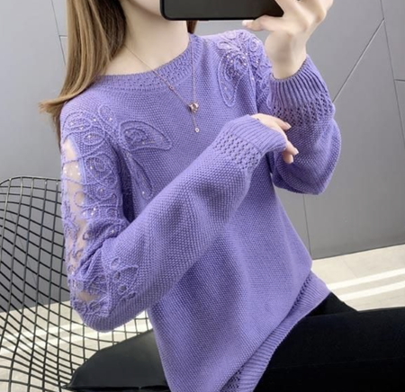 

Lace Hollow Out Long Sleeve Casual Crew Neck Sweater, Purple, Sweaters & Cardigans