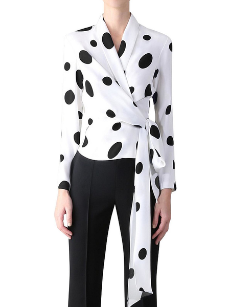 

Polka Dots Urban V Neck Long Sleeve Regular Fit Blouse, White, Blouses and Shirts