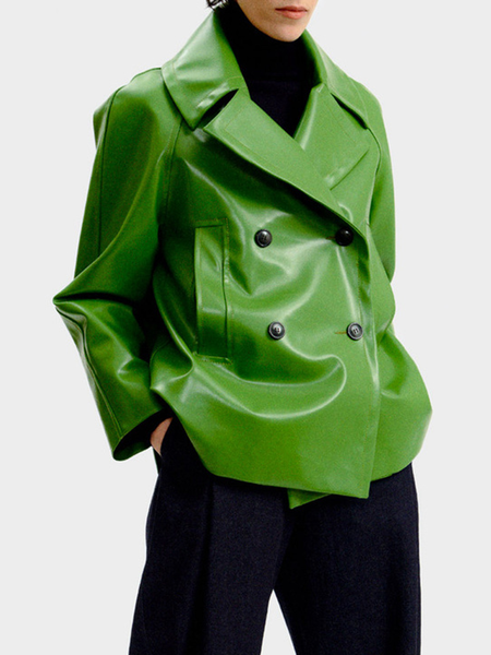 

Urban Plain Loose Lapel Collar Long Sleeve Pu Leather Coat, Green, Jackets