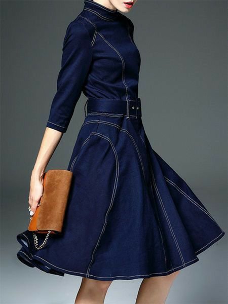 

Elegant Regular Fit Stand Collar Plain Faux Denim Dress With Belt, Dark blue, Midi Dresses