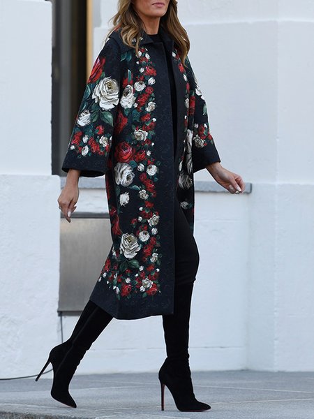 

Loose Floral Urban Shawl Collar Coat, Black, Coats