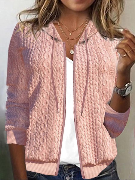 Casual Loose Hoodie Knitted Jacket, Pink, Jackets
