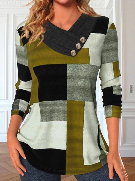 

Loose Knitted Plaid Casual Sweatshirt, Yellow, Long sleeves