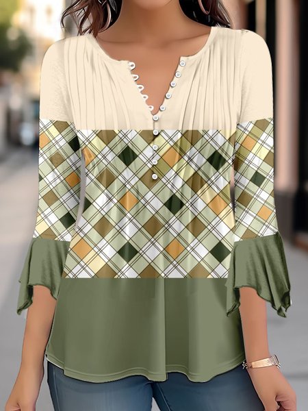 

Regular Fit Casual V Neck Flare Sleeve Shirt, Green, Shirts & Blouses
