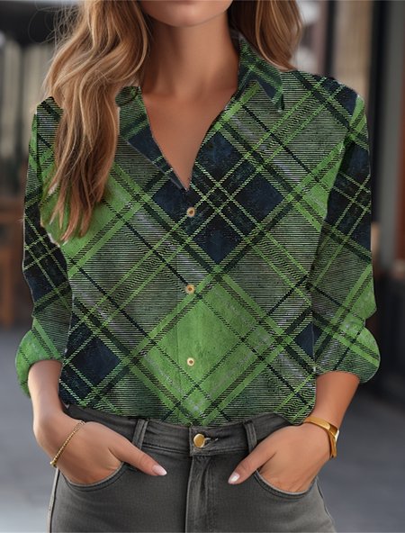 

Shirt Collar Casual Plaid Loose Blouse, Green, Shirts & Blouses