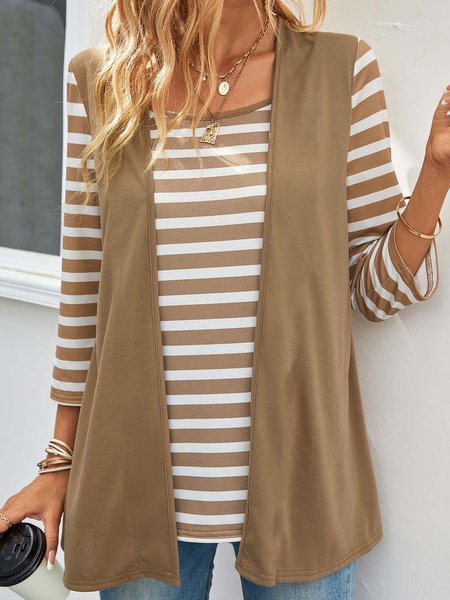 

Striped Others Casual Loose Mock Two-Piece Shirt, Brown, Shirts & Blouses