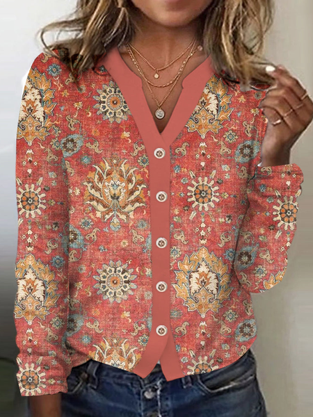 

Casual V Neck Ethnic Loose T-Shirt, Red, T-Shirts