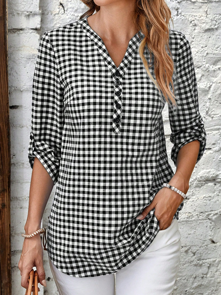 

Casual Shirt Collar Plaid Blouse, Black, Shirts & Blouses