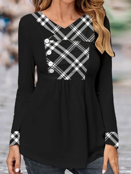 

Plaid Casual Buttoned Shirt, Black, Shirts & Blouses