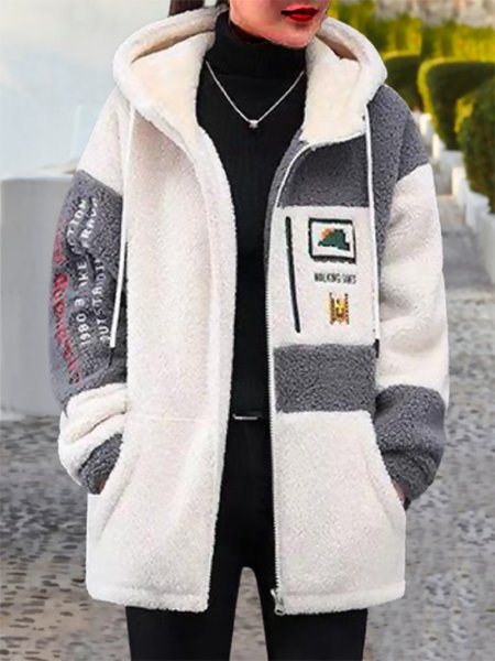 

Color Block Long Sleeve Fluff/Granular Fleece Fabric Casual Hoodie Teddy Jacket, Gray, Jackets& Coats