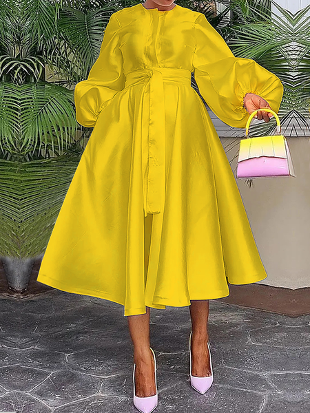 

Elegant Regular Fit Crew Neck Long Sleeve Midi Dress With Belt, Yellow, Midi Dresses