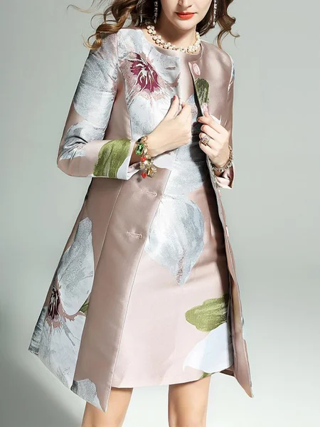

Crew Neck Elegant Floral Trench Coat, As picture, Trench Coats