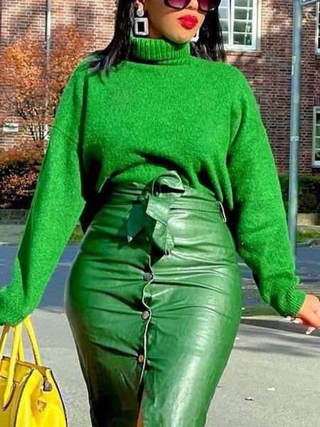 

Plain Turtleneck Long Sleeve Urban Sweater, Green, Pullovers