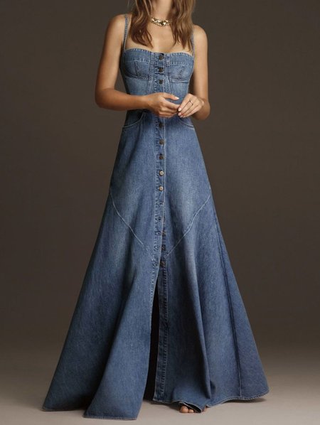 

Vintage Plain Square Neck Button Denim Maxi Cami Dress, Blue, Maxi Dresses