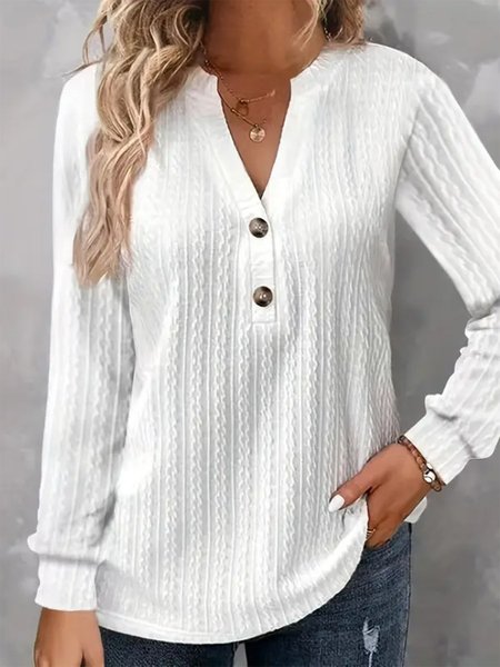 

Loose Plain Notched Casual T-Shirt, White, Shirts & Blouses