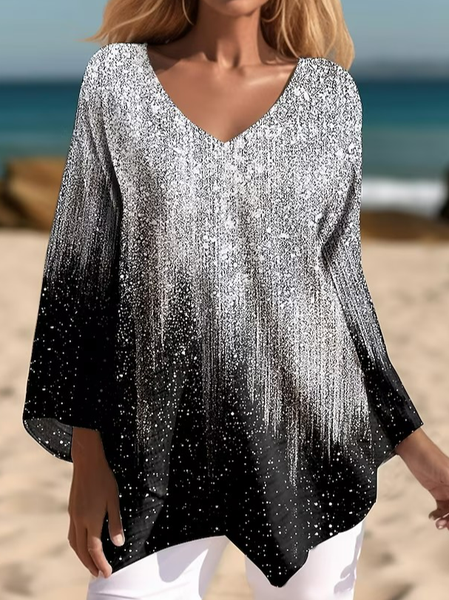

Casual V Neck Loose Ombre Shirt, Black, Shirts & Blouses