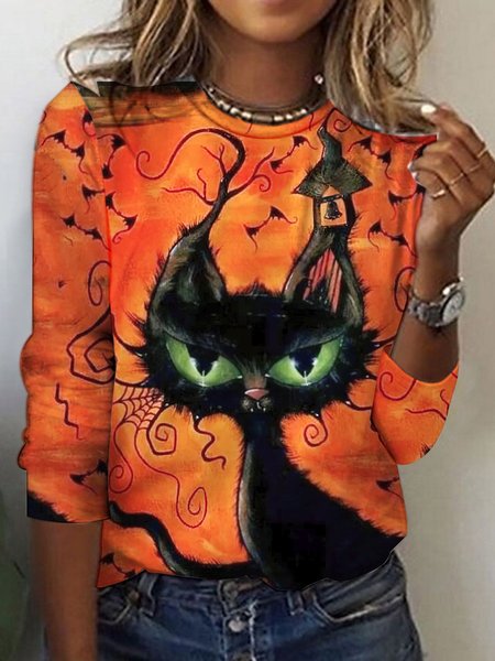 

Casual Crew Neck Loose Cat T-Shirt, Orange, T-Shirts