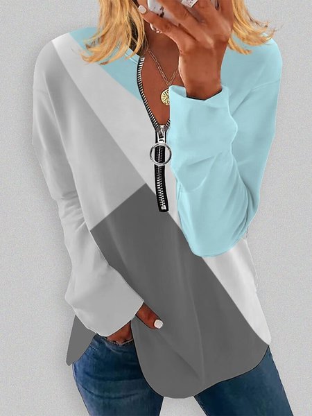 

Casual Color Block Zipper V neck Sweatshirt, Blue, Sweatshirts & Hoodies