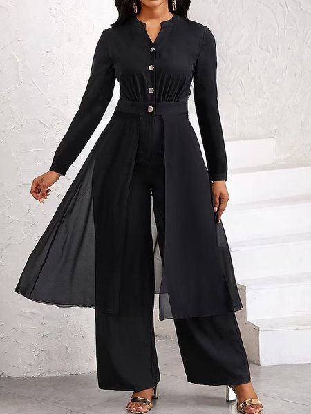 

Chiffon Elegant V Neck Plain Jumpsuit, Black, Jumpsuits＆Rompers