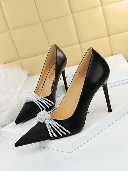 

Elegant Imitation Pearl Color Block Stiletto Heel Pumps, Black, Heels