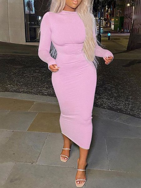 

Long Sleeve Plain Tight Elegant Dress, Pink, Maxi Dresses