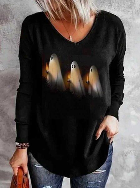 

Halloween Casual V Neck T-Shirt, Black, T-Shirts