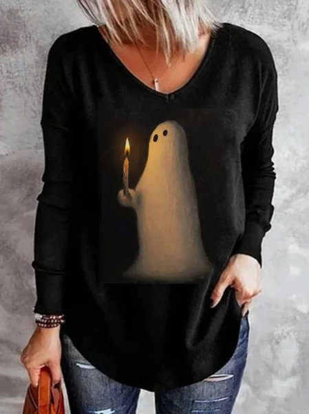 

Loose Knitted V Neck Casual T-Shirt, Black, T-Shirts