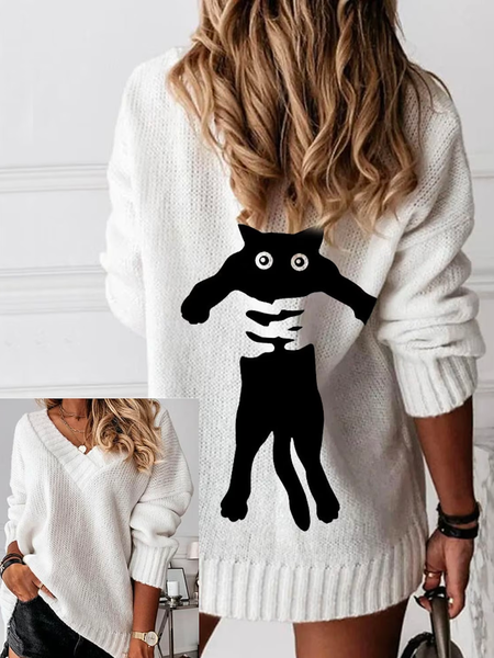 

Cat Loose Elegant Yarn/Wool Yarn Sweater, White, Sweaters