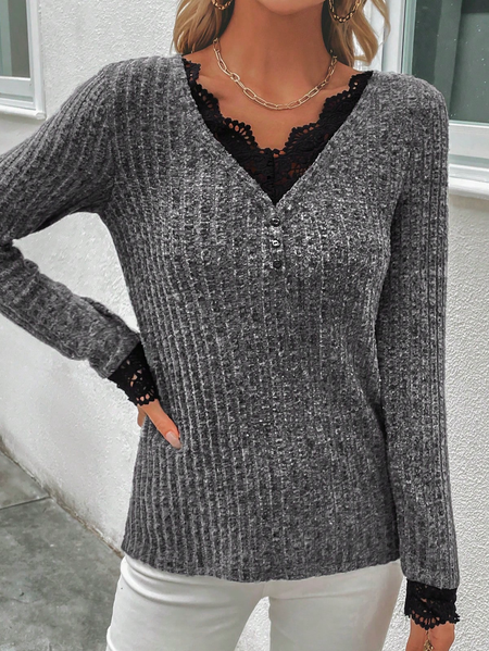 

Lace Regular Fit Plain Elegant Contrast Lace Button Detail T-Shirt, Gray, T-Shirts