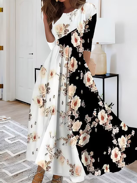 

Floral Crew Neck Loose Elegant Dress With No, White, Dresses