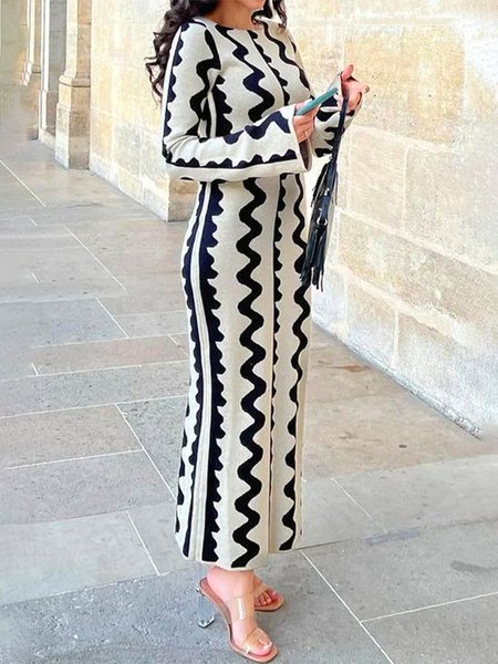 

Elegant Crew Neck Chevron Sweater Maxi Dress With No Belt, As picture, Maxi Dresses