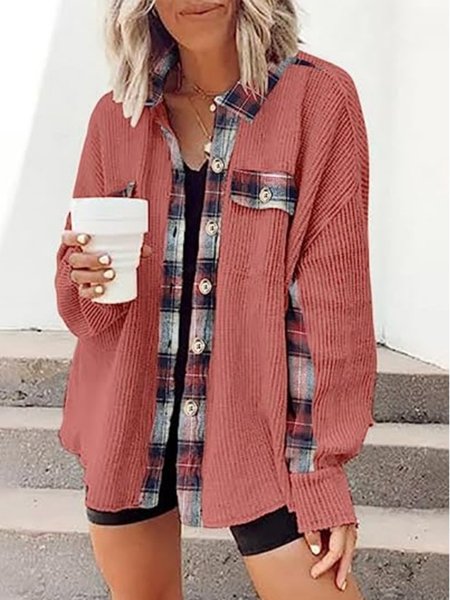 

Shawl Collar Casual Plaid Loose Jacket, Peach, Jackets