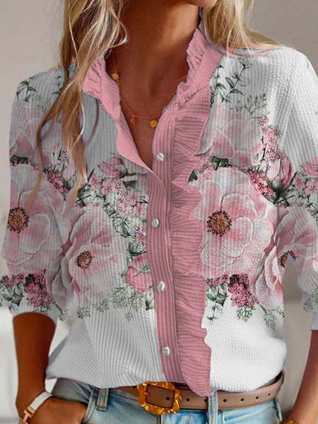 

Loose Floral Buttoned Casual Blouse, Pink, Shirts & Blouses