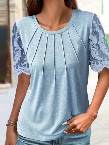 

Plain Casual Patchwork lace Shirt, Blue, Shirts & Blouses