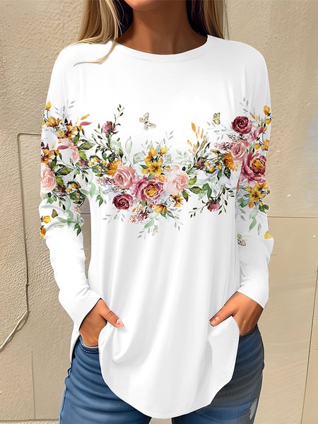 

Crew Neck Loose Floral Casual T-Shirt, White, T-Shirts
