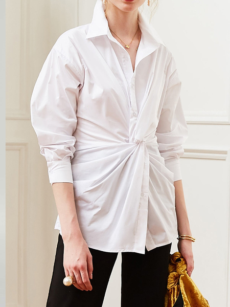 

Regular Fit Plain Urban Shirt Collar Long Sleeve Blouse, White, Blouses and Shirts