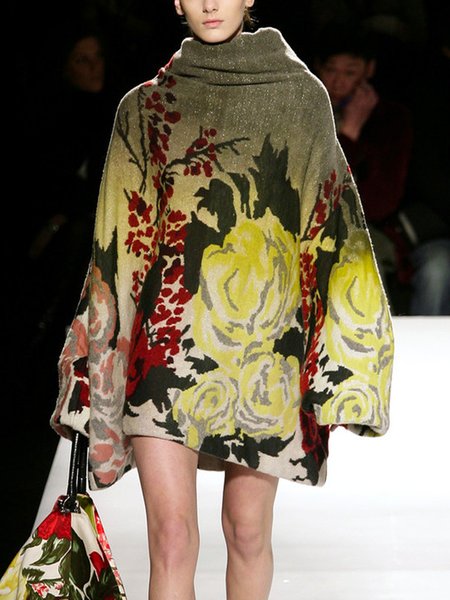 

Turtleneck Floral Loose Elegant Mini Dress With No Belt, As picture, Mini Dresses
