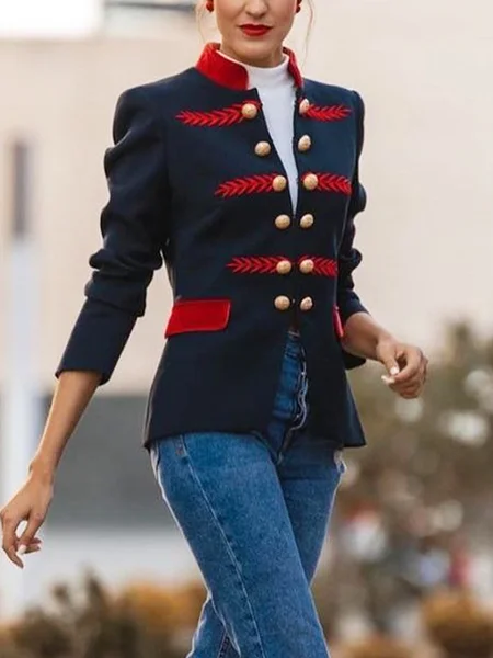 

Stand Collar Color Block Urban Long Sleeve Jacket, Navyblue, Jackets