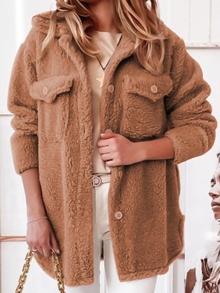 

Shawl Collar Long Sleeve Plain Fleece Micro-Elasticity Loose Teddy Jacket For Women, Khaki, Coats