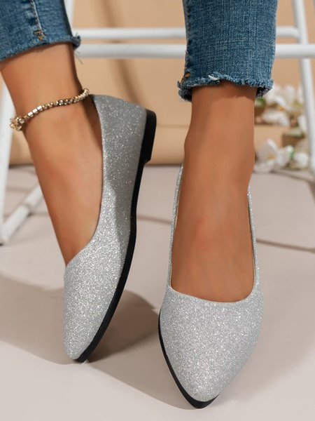 

Women Minimalist Glitter Pointed Toe Shallow Shoes, Silver, Flats