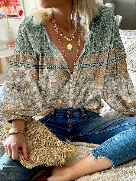 

Loose Casual Lantern Sleeve Blouse, Green, Shirts & Blouses